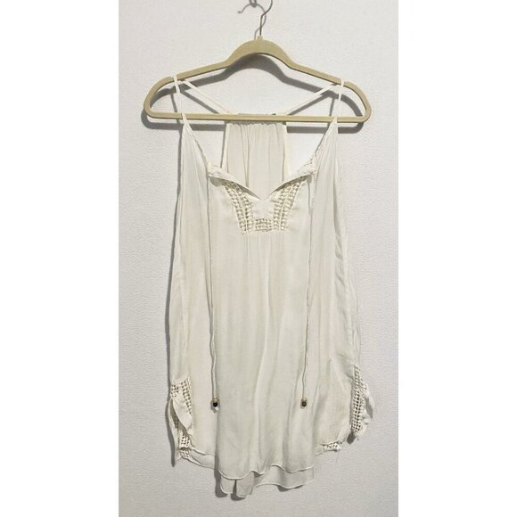 Solitaire Swim Coverup Womens Medium White Crochet Trim Tie Neck Boho Beachy - Picture 1 of 6